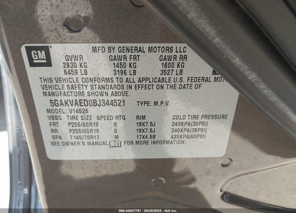 2011 BUICK ENCLAVE VIN: 5GAKVAED0BJ344521