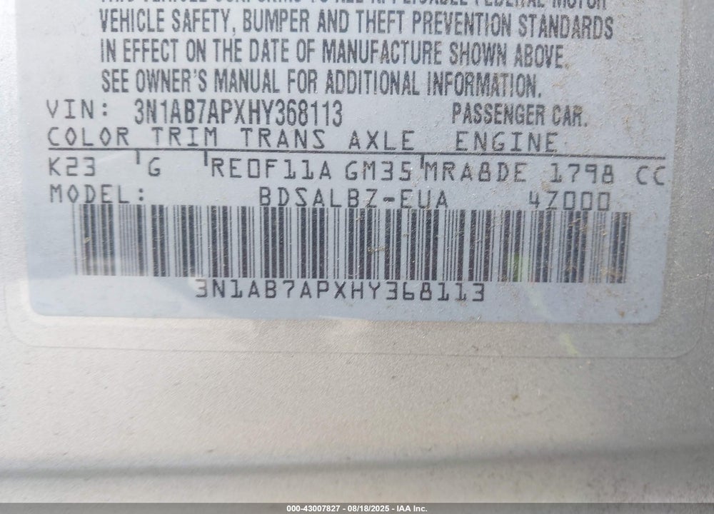 2017 NISSAN SENTRA VIN: 3N1AB7APXHY368113