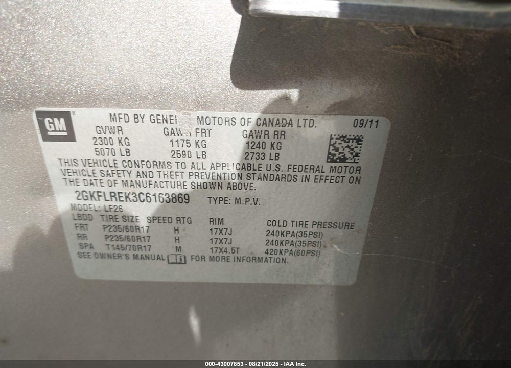 2012 GMC TERRAIN SLE-1 VIN: 2GKFLREK3C6163869