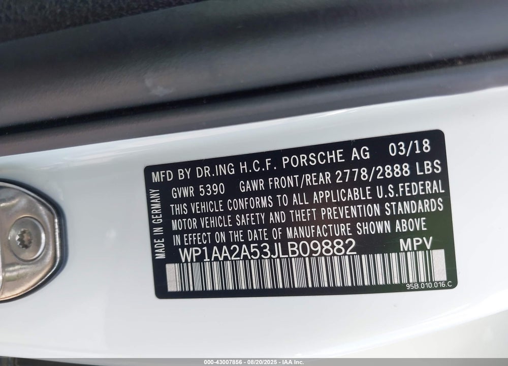 2018 PORSCHE MACAN VIN: WP1AA2A53JLB09882