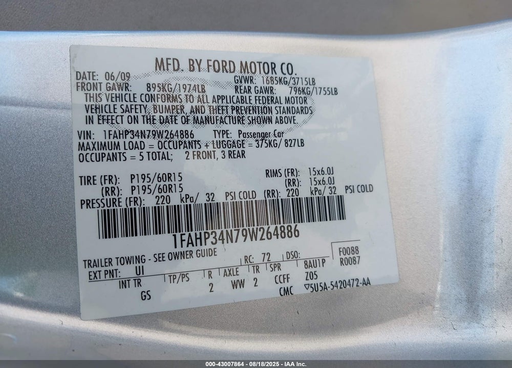 2009 FORD FOCUS VIN: 1FAHP34N79W264886