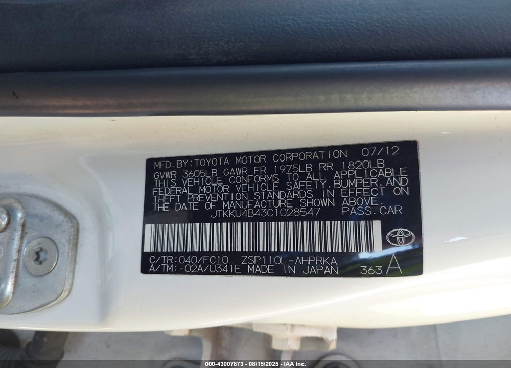 2012 SCION XD VIN: JTKKU4B43C1028547