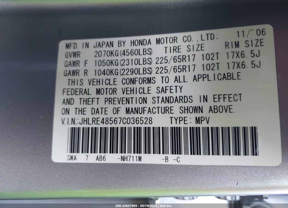 2007 HONDA CR-V VIN: JHLRE48567C036528