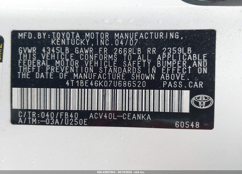 2007 TOYOTA CAMRY LE VIN: 4T1BE46K07U686520