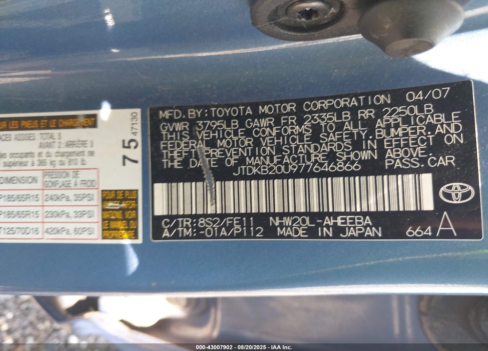 2007 TOYOTA PRIUS VIN: JTDKB20U977646866