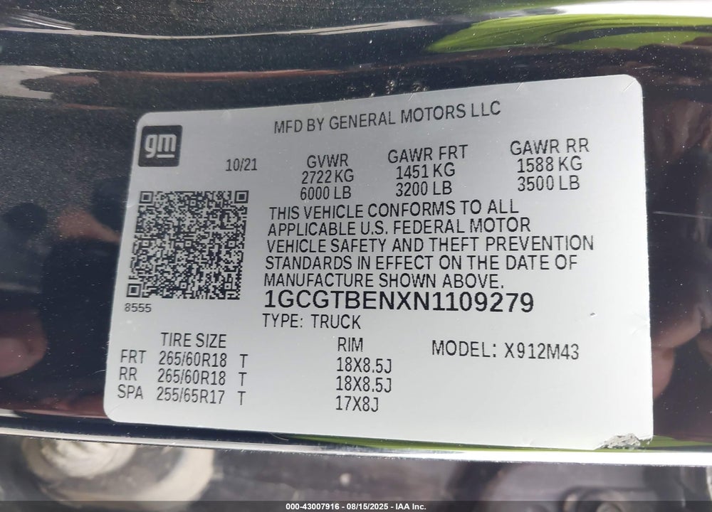 2022 CHEVROLET COLORADO VIN: 1GCGTBENXN1109279