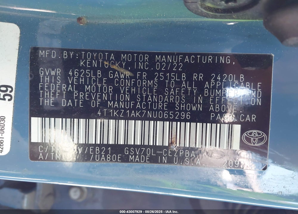 2022 TOYOTA CAMRY VIN: 4T1KZ1AK7NU065296