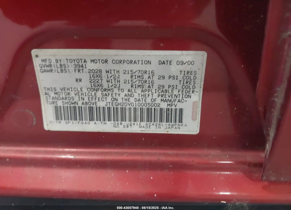 2001 TOYOTA RAV4 VIN: JTEGH20V010005002