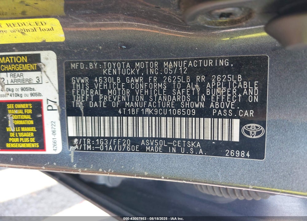 2012 TOYOTA CAMRY VIN: 4T1BF1FK9CU106509