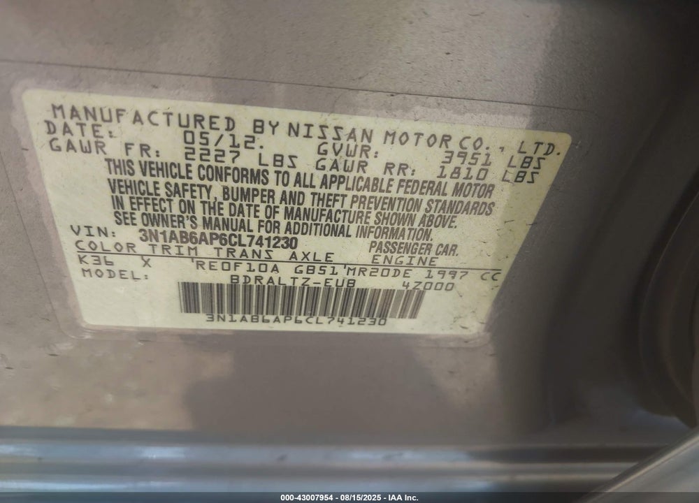 2012 NISSAN SENTRA VIN: 3N1AB6AP6CL741230
