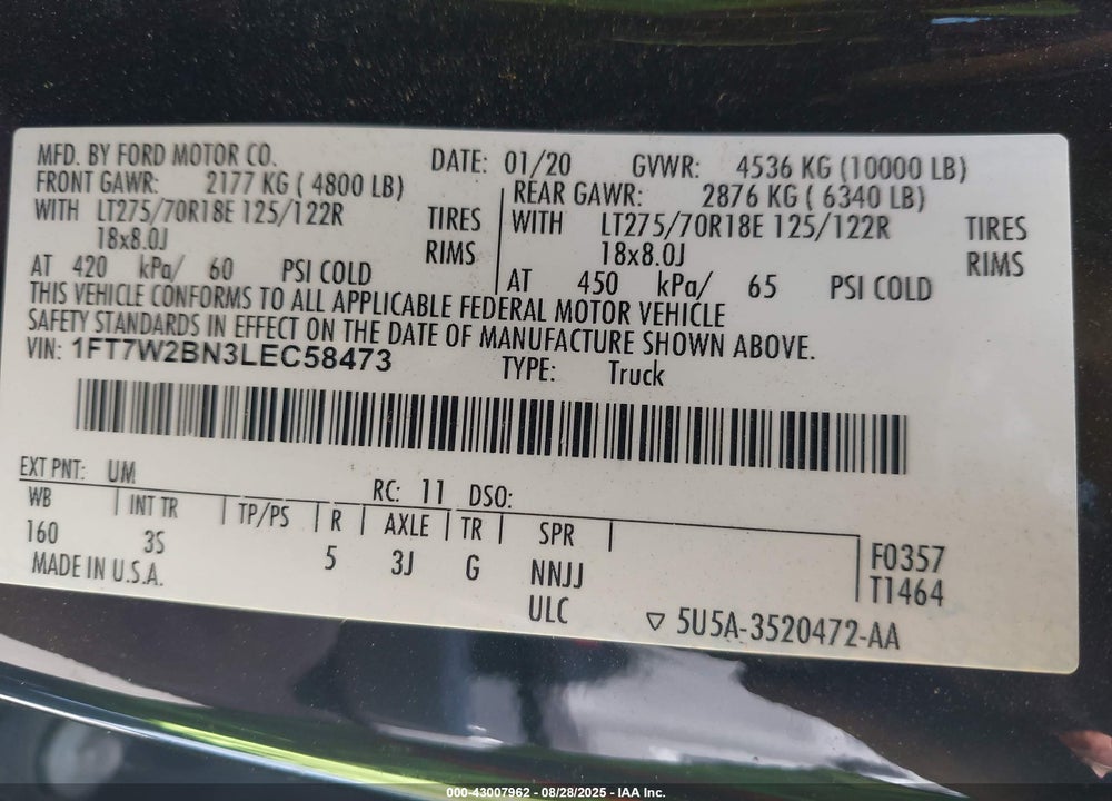 2020 FORD F-250 VIN: 1FT7W2BN3LEC58473