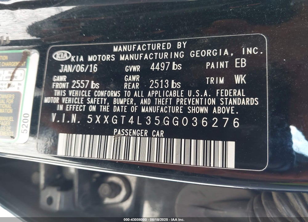 2016 KIA OPTIMA VIN: 5XXGT4L35GG036276
