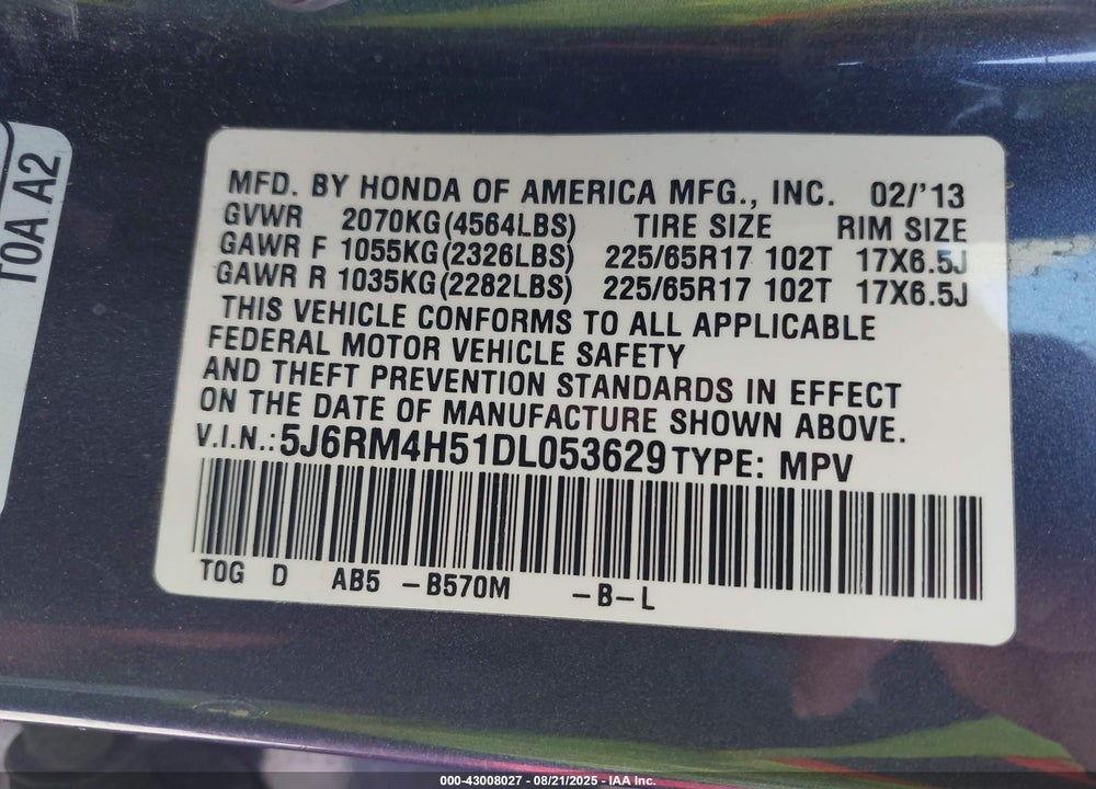 2013 HONDA CR-V VIN: 5J6RM4H51DL053629