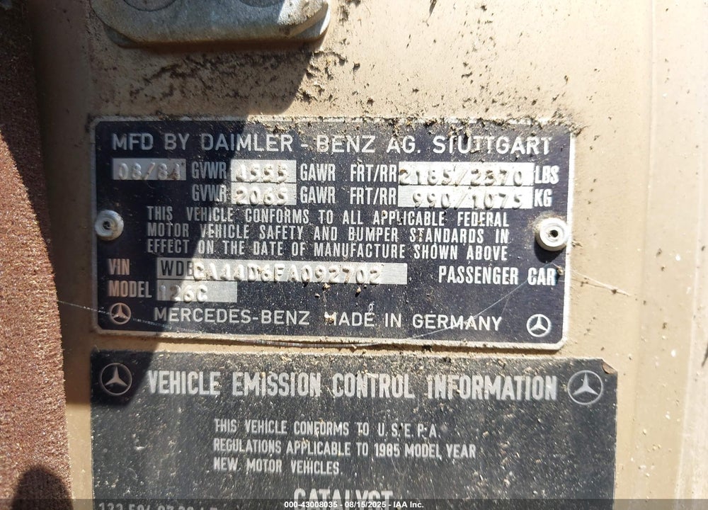 1985 MERCEDES-BENZ 500 VIN: WDBCA44D6FA092702