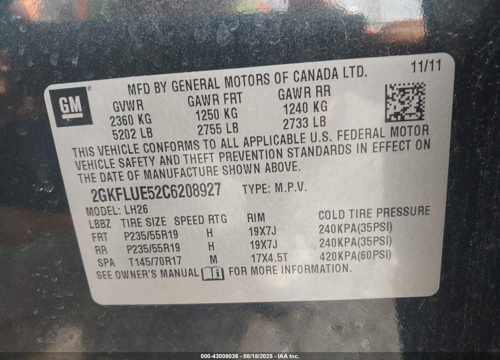 2012 GMC TERRAIN VIN: 2GKFLUE52C6208927