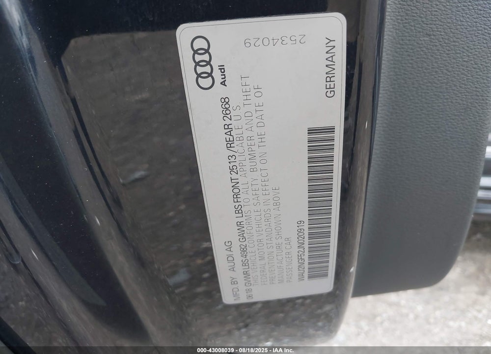 2018 AUDI A5 VIN: WAU2NGF52JN020919