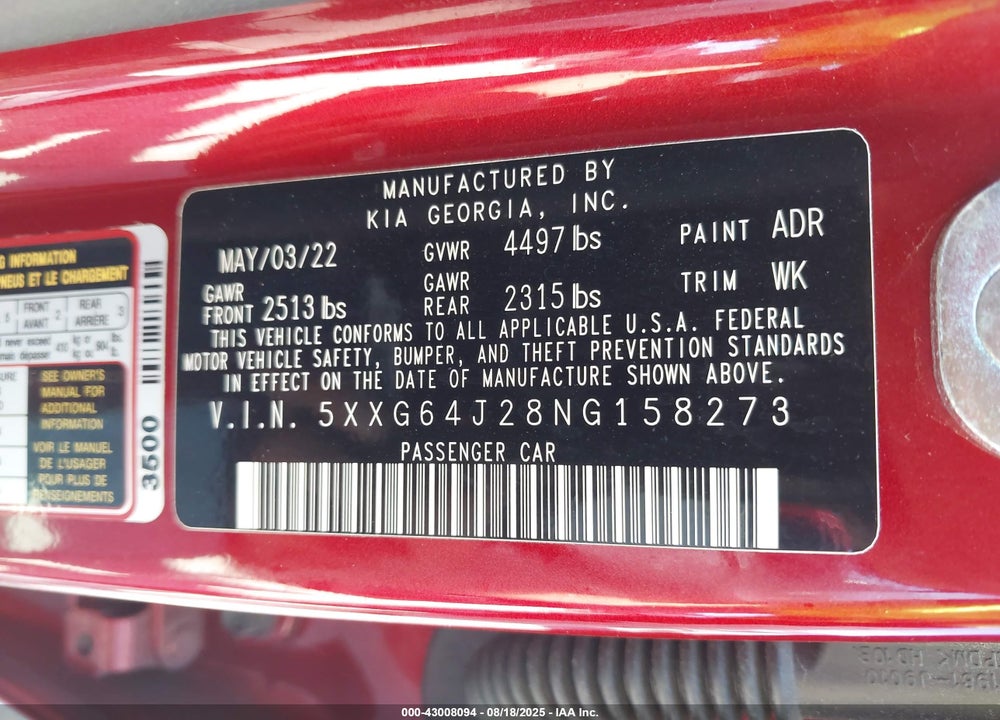2022 KIA K5 VIN: 5XXG64J28NG158273