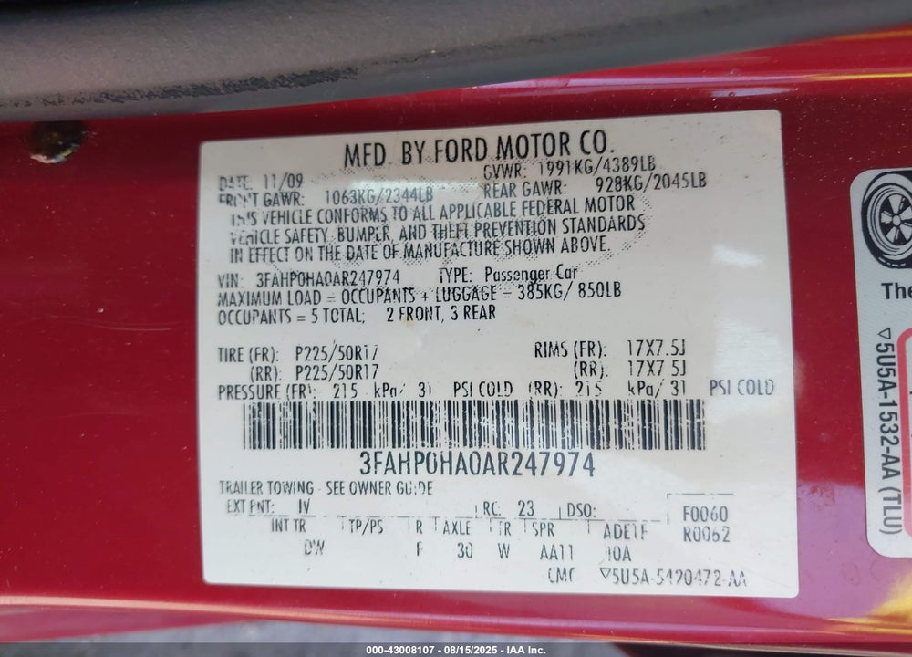 2010 FORD FUSION VIN: 3FAHP0HA0AR247974