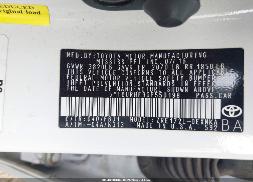 2016 TOYOTA COROLLA VIN: 5YFBURHE9GP550198
