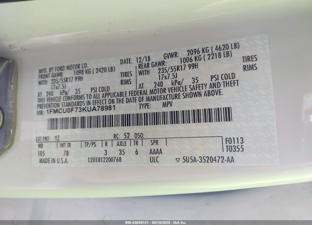 2019 FORD ESCAPE VIN: 1FMCU0F73KUA78981