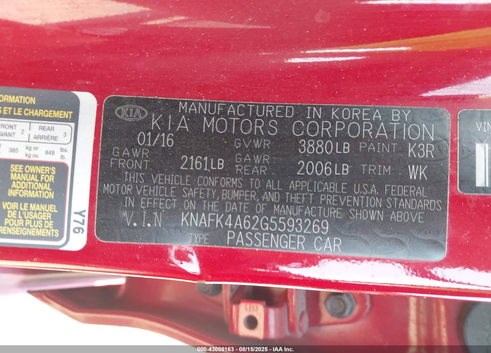 2016 KIA FORTE VIN: KNAFK4A62G5593269