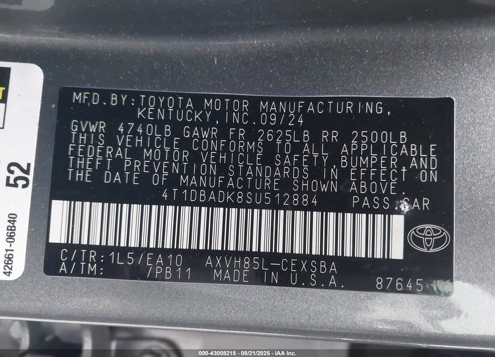 2025 TOYOTA CAMRY SE VIN: 4T1DBADK8SU512884