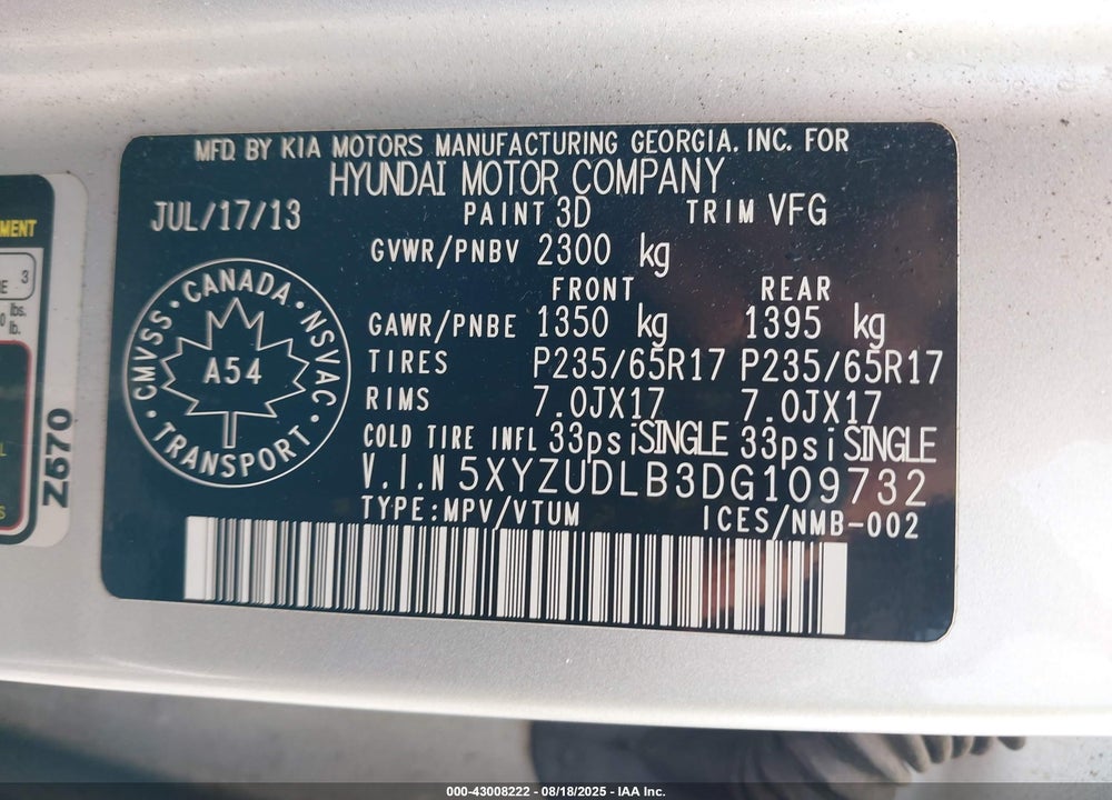 2013 HYUNDAI SANTA FE VIN: 5XYZUDLB3DG109732