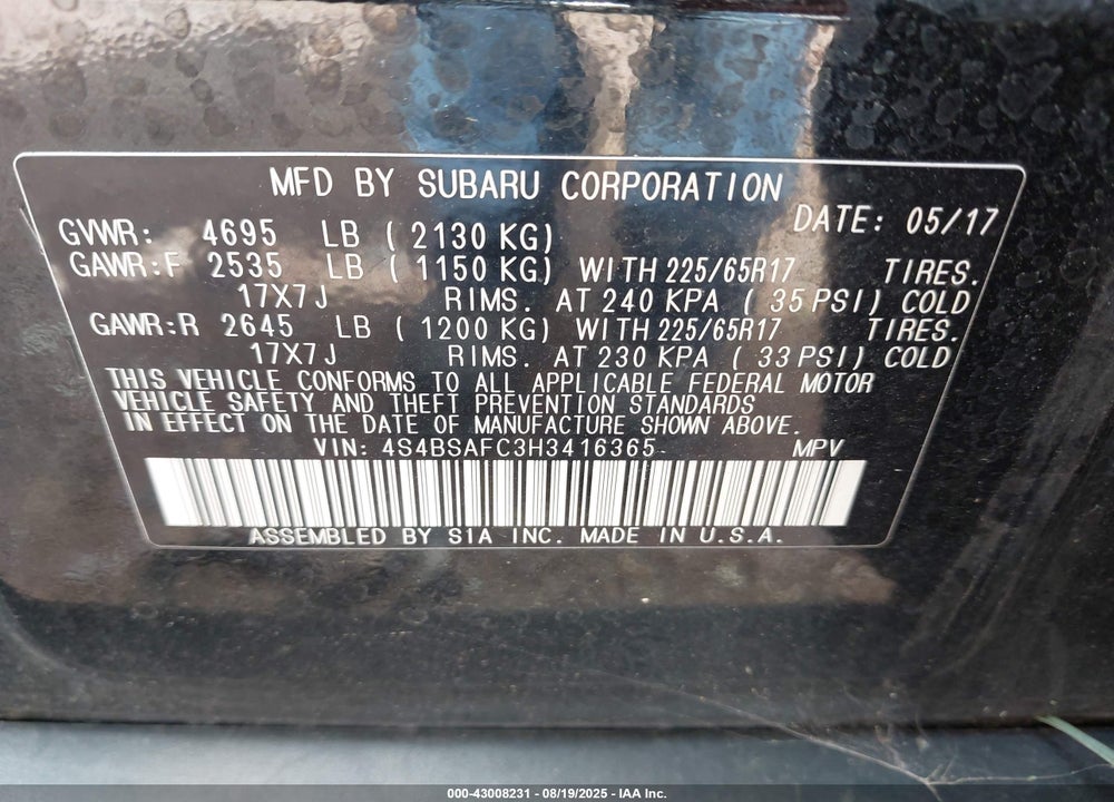 2017 SUBARU OUTBACK VIN: 4S4BSAFC3H3416365