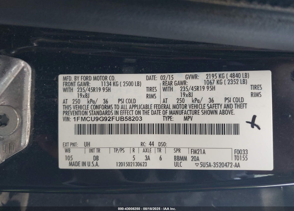 2015 FORD ESCAPE VIN: 1FMCU9G92FUB58203