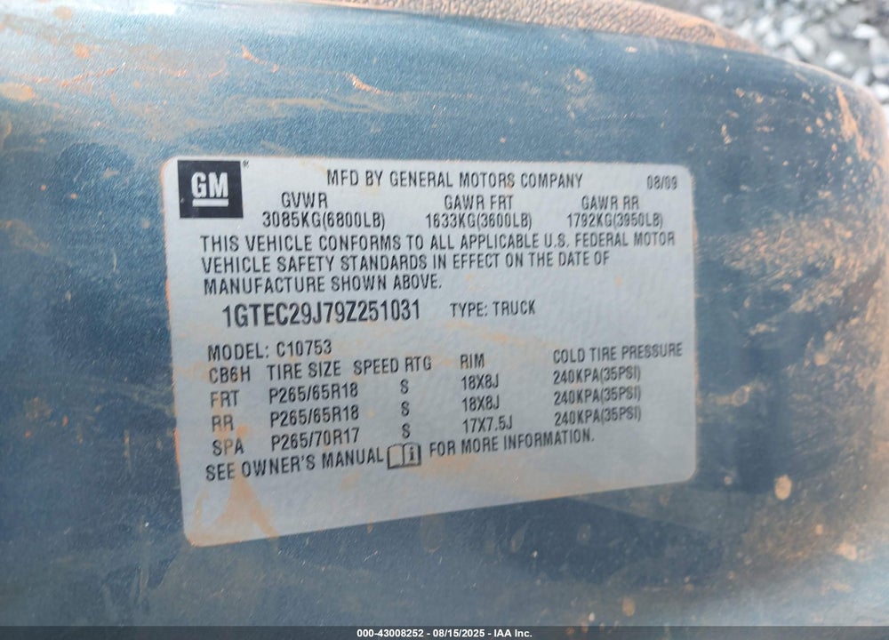 2009 GMC SIERRA 1500 SLE VIN: 1GTEC29J79Z251031