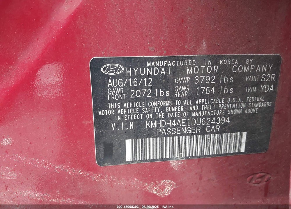 2013 HYUNDAI ELANTRA GLS VIN: KMHDH4AE1DU624394