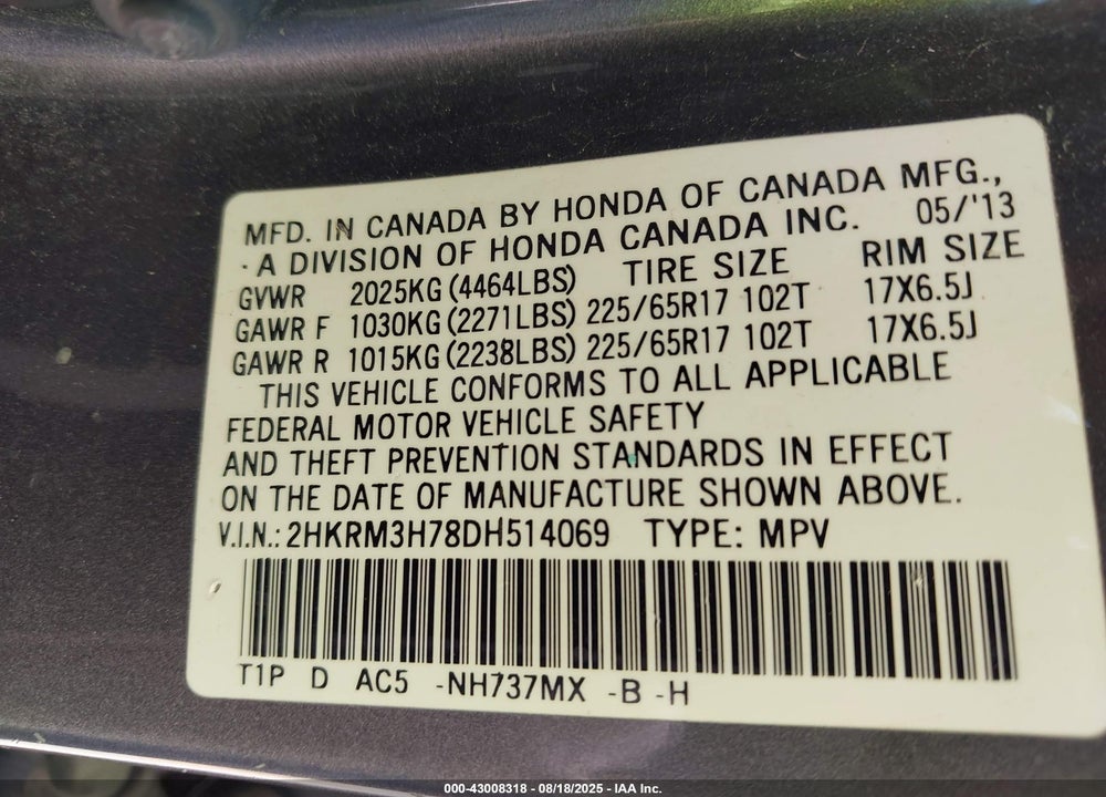 2013 HONDA CR-V EX-L VIN: 2HKRM3H78DH514069