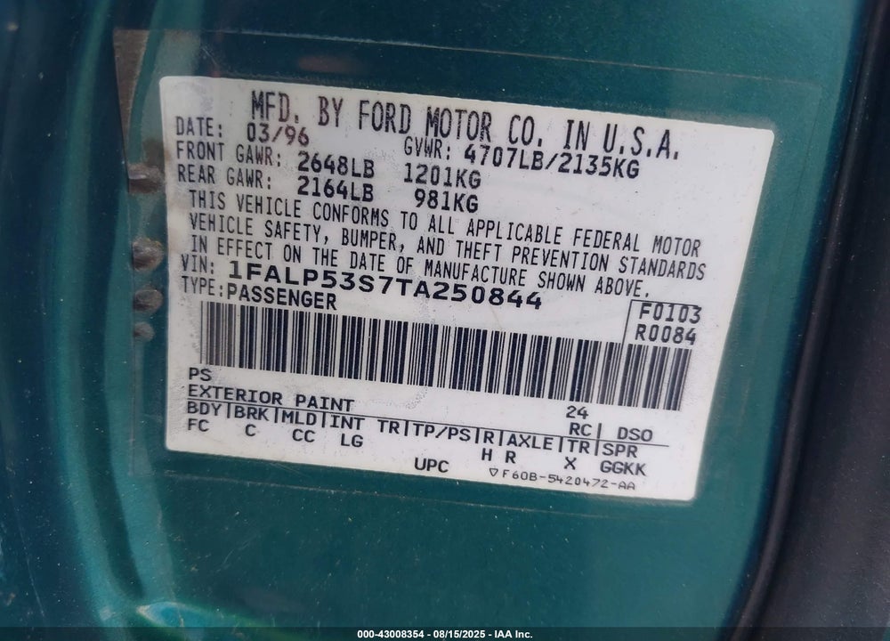 1996 FORD TAURUS LX VIN: 1FALP53S7TA250844