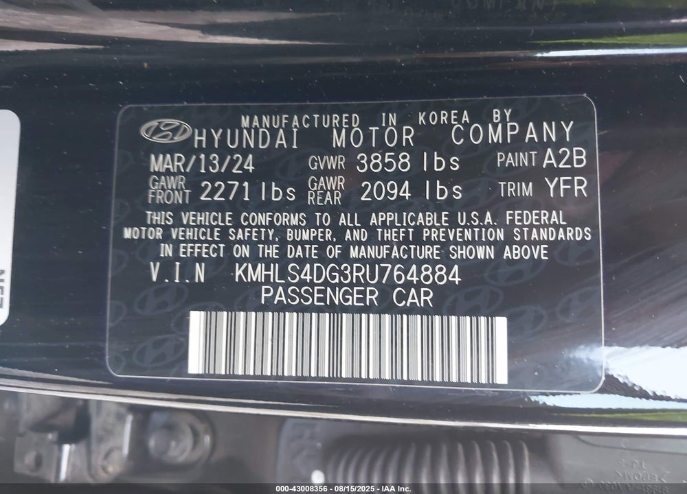 2024 HYUNDAI ELANTRA VIN: KMHLS4DG3RU764884