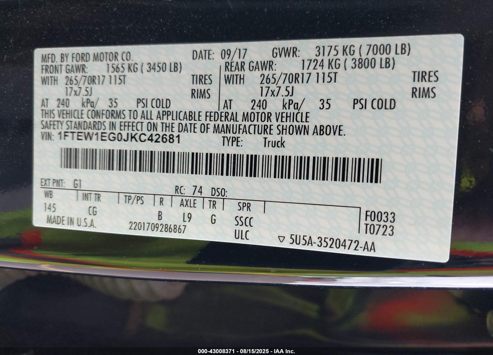 2018 FORD F-150 XL VIN: 1FTEW1EG0JKC42681