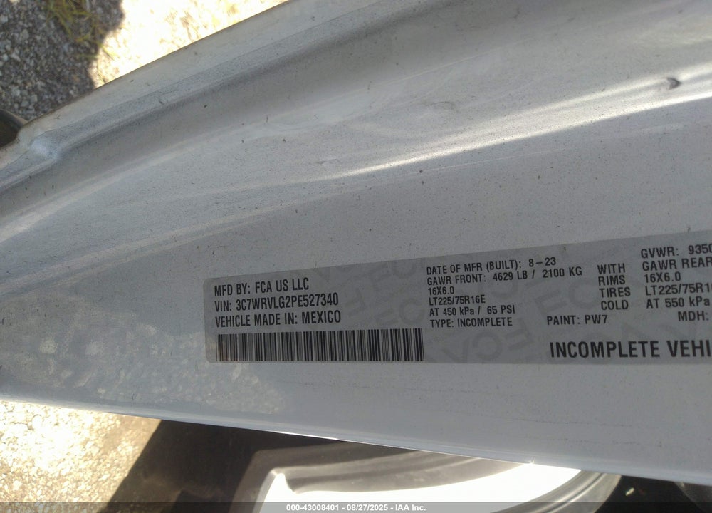 2023 RAM PROMASTER 3500 CUTAWAY LOW ROOF VIN: 3C7WRVLG2PE527340