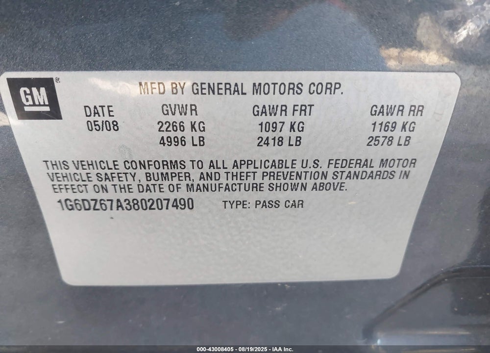 2008 CADILLAC STS V8 VIN: 1G6DZ67A380207490