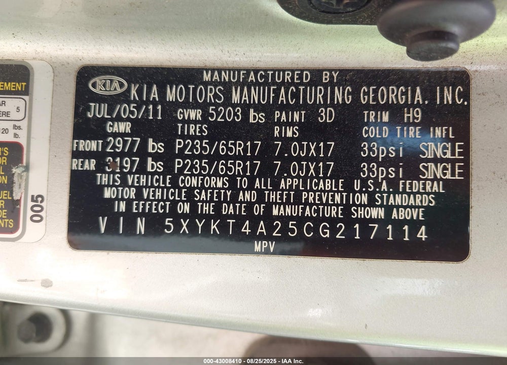 2012 KIA SORENTO VIN: 5XYKT4A25CG217114