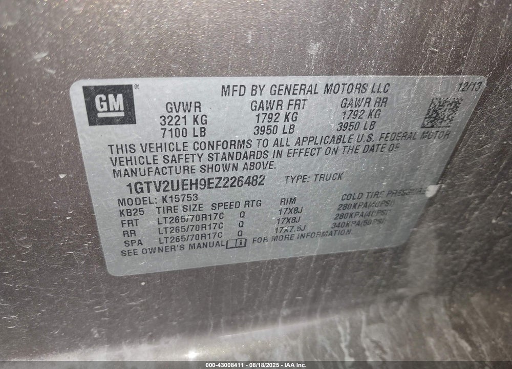 2014 GMC SIERRA 1500 VIN: 1GTV2UEH9EZ226482