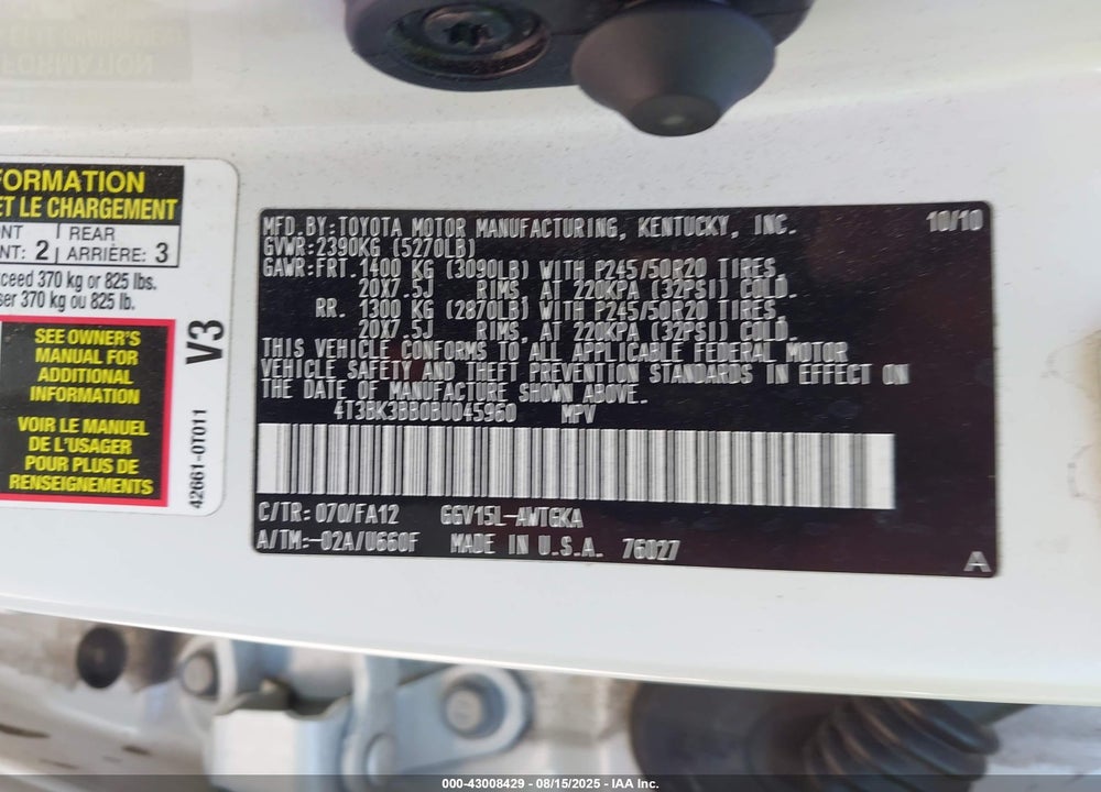 2011 TOYOTA VENZA VIN: 4T3BK3BB0BU045960
