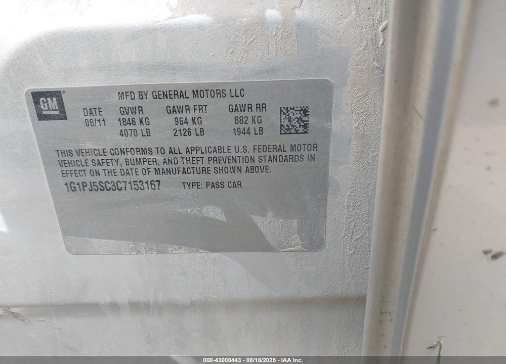 2012 CHEVROLET CRUZE VIN: 1G1PJ5SC3C7153167