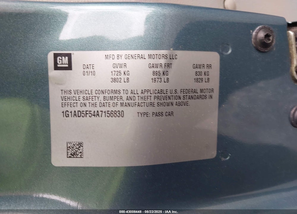 2010 CHEVROLET COBALT VIN: 1G1AD5F54A7156830