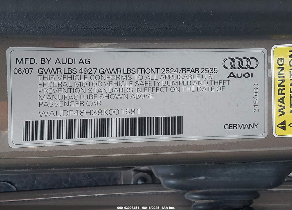 2008 AUDI A4 2.0T VIN: WAUDF48H38K001691