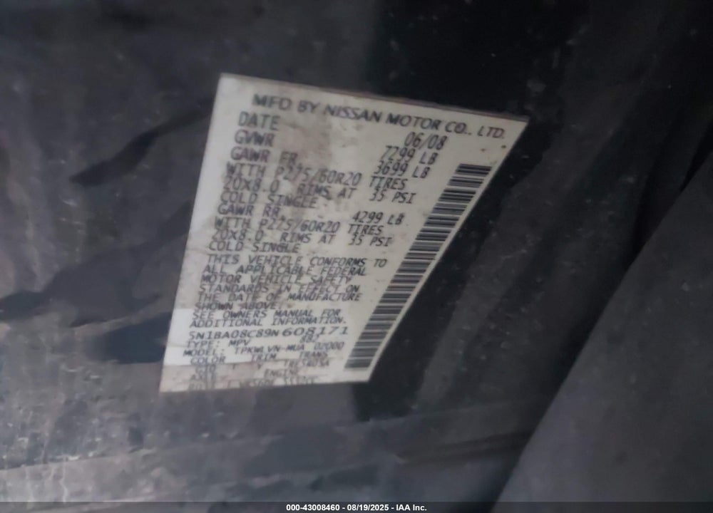 2009 NISSAN ARMADA VIN: 5N1BA08C89N608171