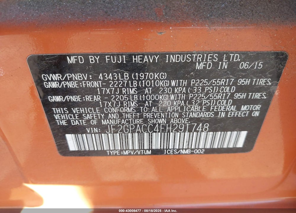 2015 SUBARU XV CROSSTREK VIN: JF2GPACC4FH291748