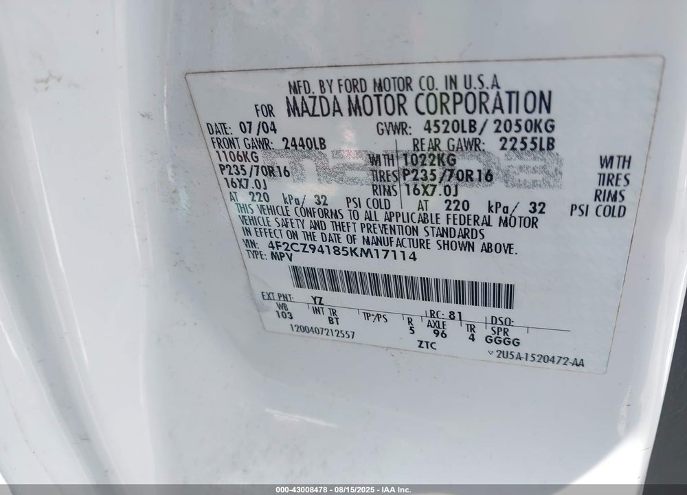 2005 MAZDA TRIBUTE S VIN: 4F2CZ94185KM17114