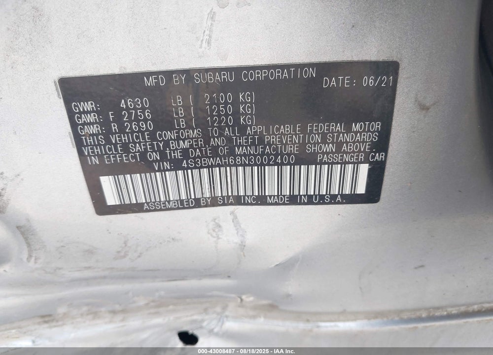 2022 SUBARU LEGACY VIN: 4S3BWAH68N3002400