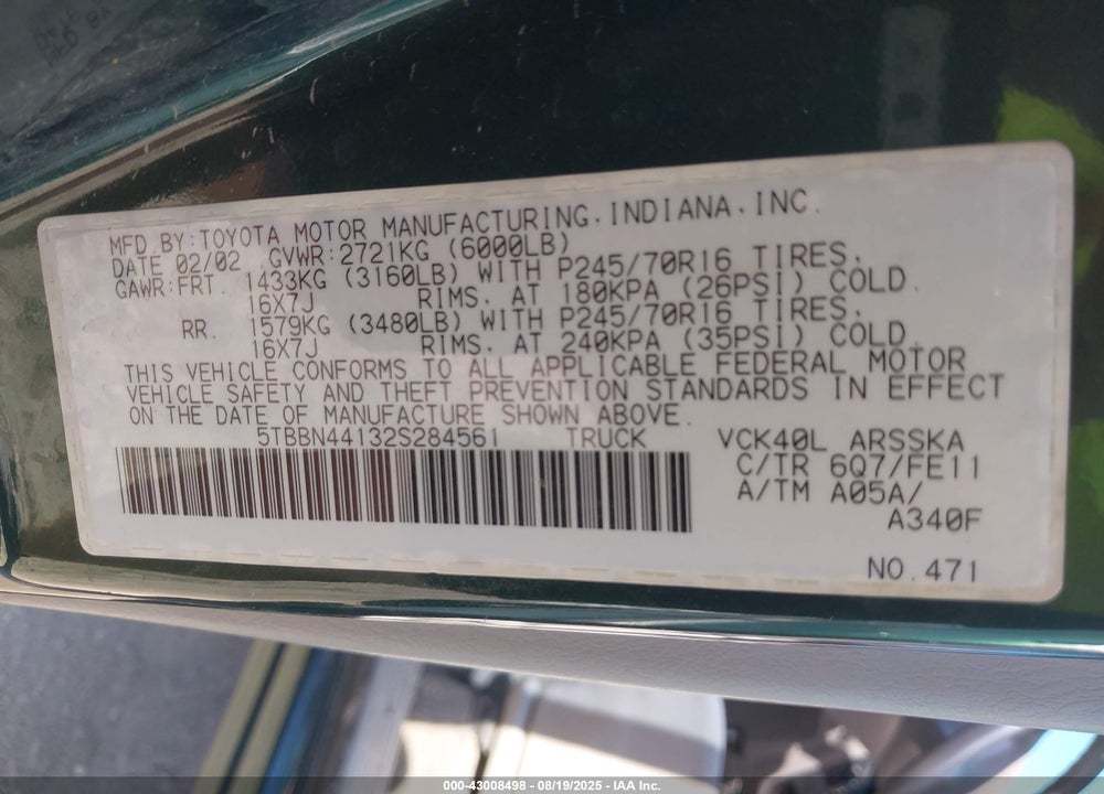 2002 TOYOTA TUNDRA SR5 VIN: 5TBBN44132S284561