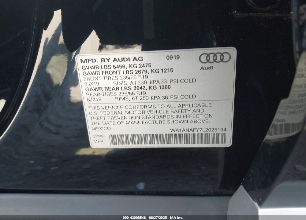 2020 AUDI Q5 VIN: WA1ANAFY7L2025134