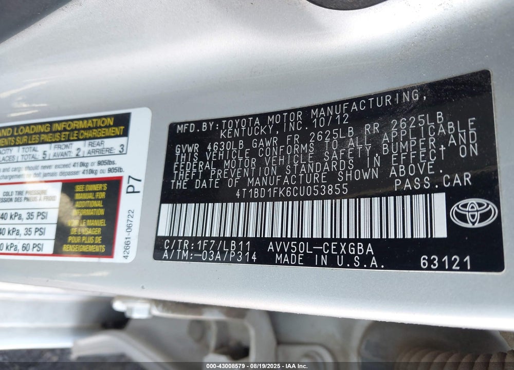 2012 TOYOTA CAMRY HYBRID VIN: 4T1BD1FK6CU053855